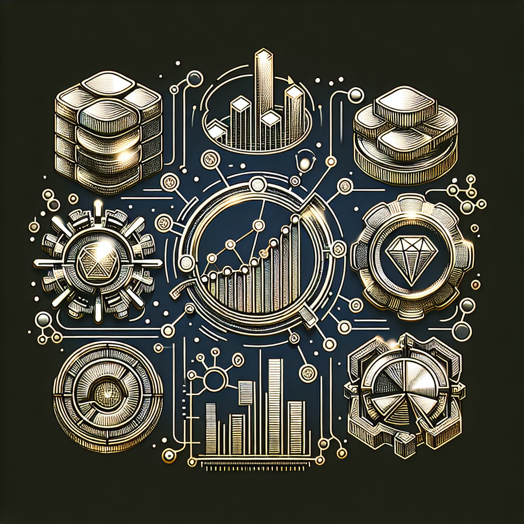 A metallic-themed line art illustration depicting five key metrics for optimizing algorithm performance in precious metals trading, with visual representations of data charts, algorithms, and precious metal symbols in a sleek and modern style.