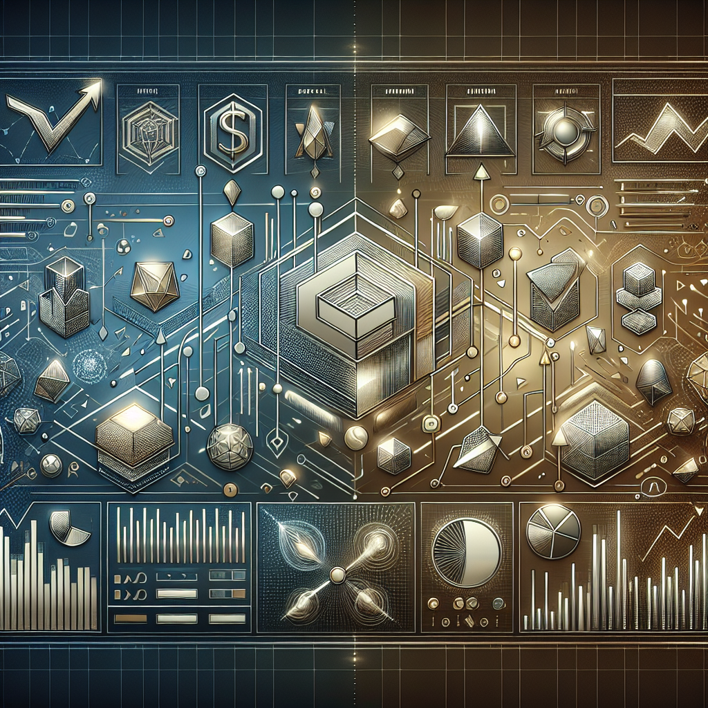 A detailed metallic-themed line art illustration showcasing various metal algorithms symbolized by different geometric shapes and trading patterns, along with an abstract representation of a trader analyzing data on a digital screen.