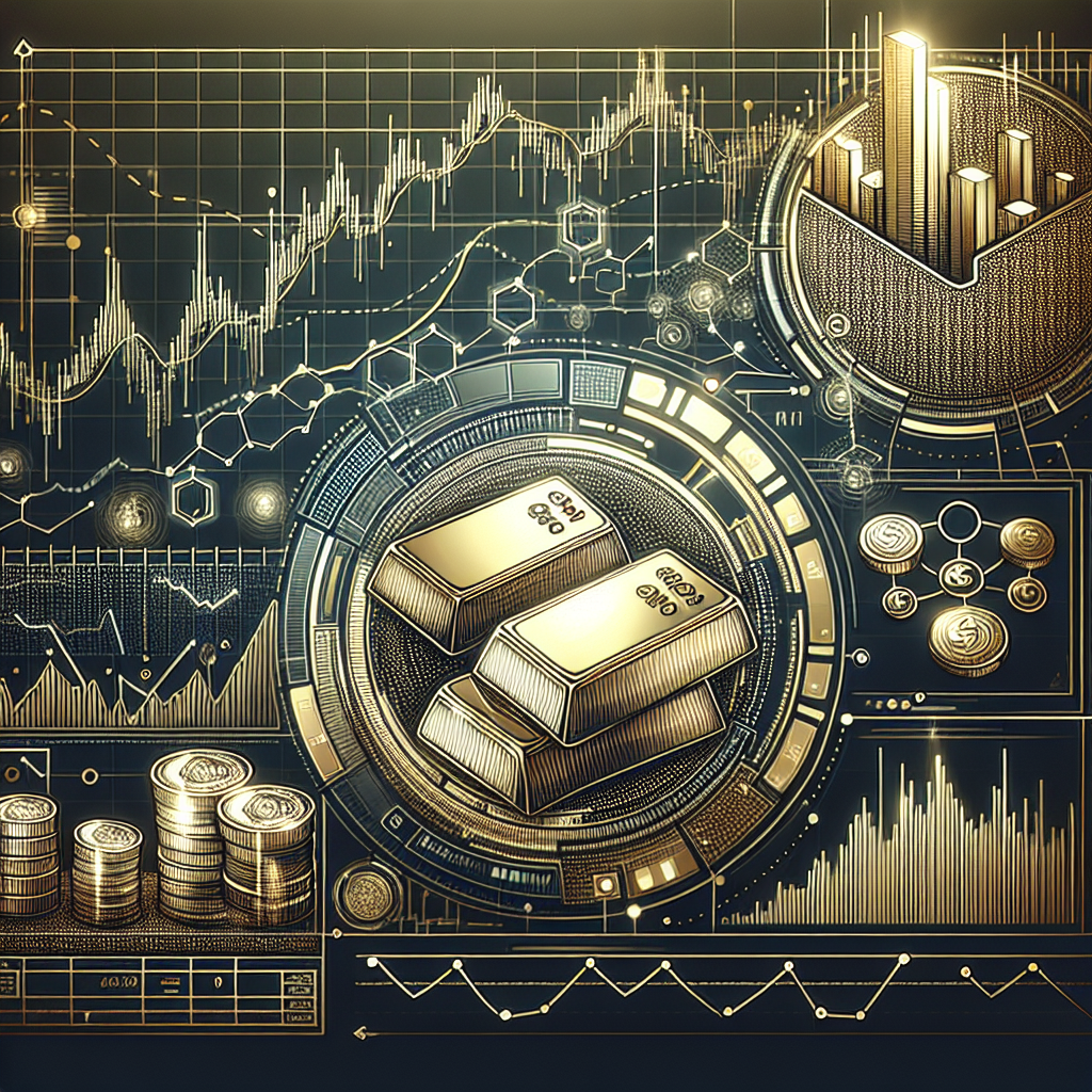 A metallic-themed line art illustration depicting various market indicators, such as trend lines, candlestick graphs, and automated trading interfaces, blended with imagery of gold and silver bars, highlighting a comparative analysis.