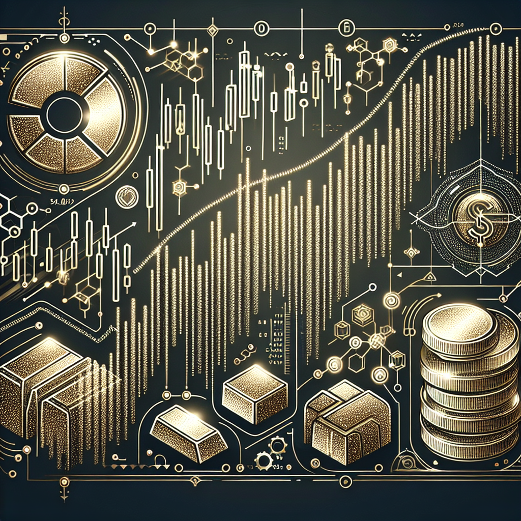 A metallic-themed line art illustration depicting algorithmic swing trading concepts with gold and silver symbols, trading charts, and digital patterns.