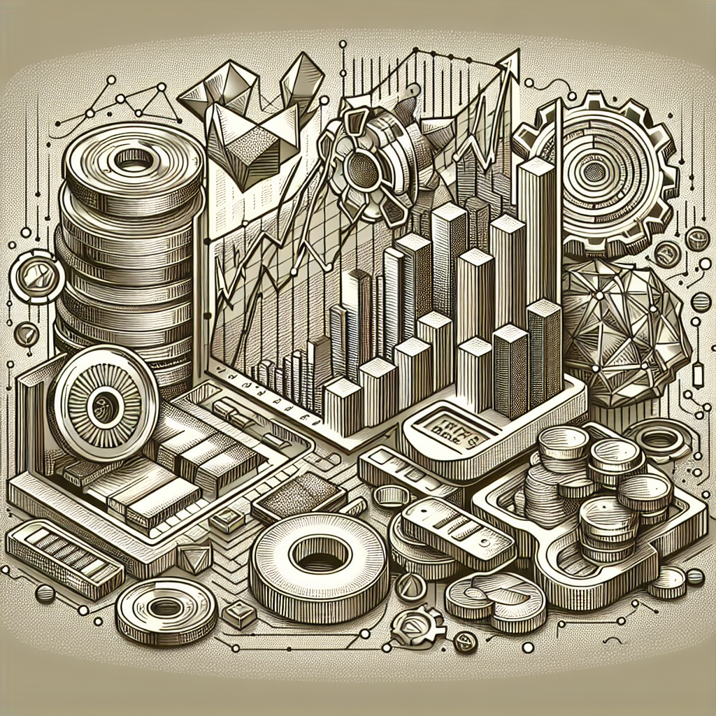 A sophisticated metallic-themed line art illustration depicting various automated trading platforms for metals, showcasing features such as graphs, charts, and algorithmic trading tools, surrounded by metallic elements like gears, coins, and precious metals.