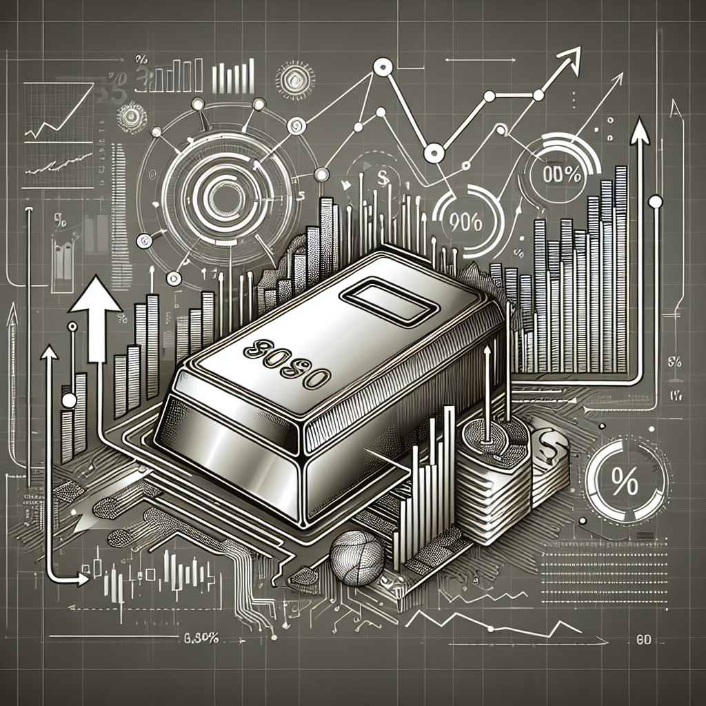 A metallic-themed line art illustration showcasing economic indicators influencing silver prices, with abstract graphs, financial symbols, and a silver bullion bar intertwined within the design.