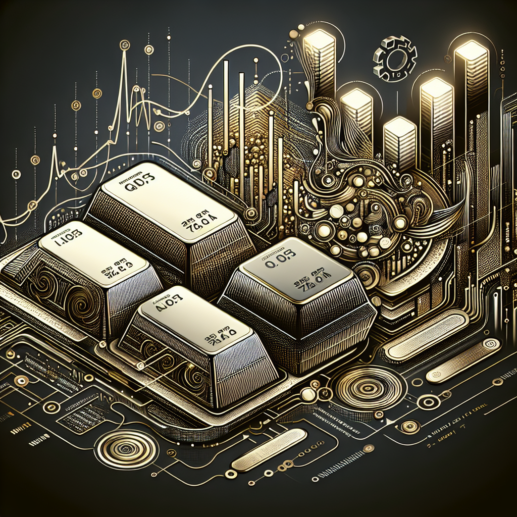 A metallic-themed line art illustration depicting the correlation between ETFs and precious metals prices, featuring abstract representations of gold, silver, and platinum bars, alongside algorithmic trading symbols and charts.