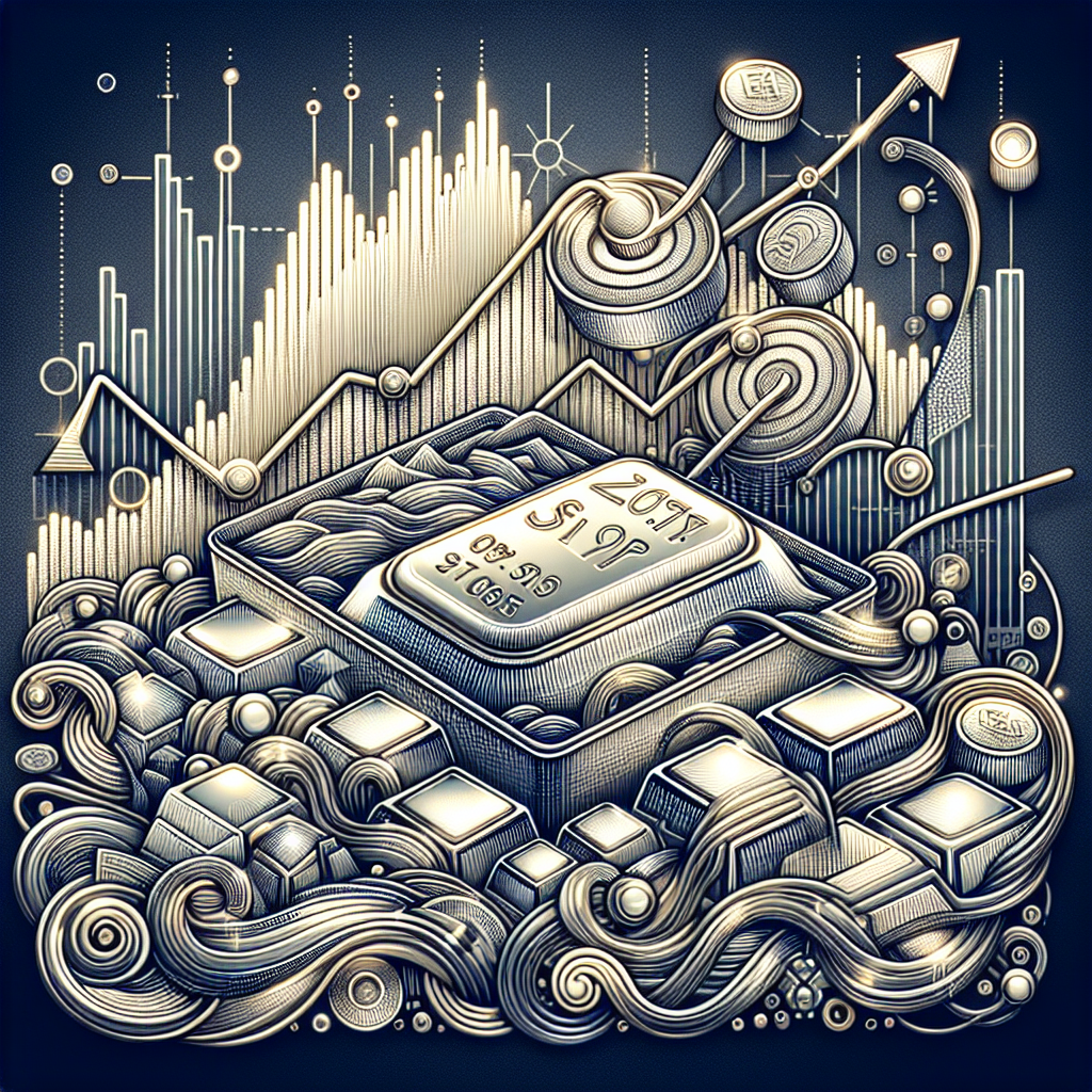 A metallic-themed line art illustration featuring an abstract representation of silver prices influenced by ETFs, featuring graphs, algorithmic trading elements, and silver bars, all woven together in an interconnected design.