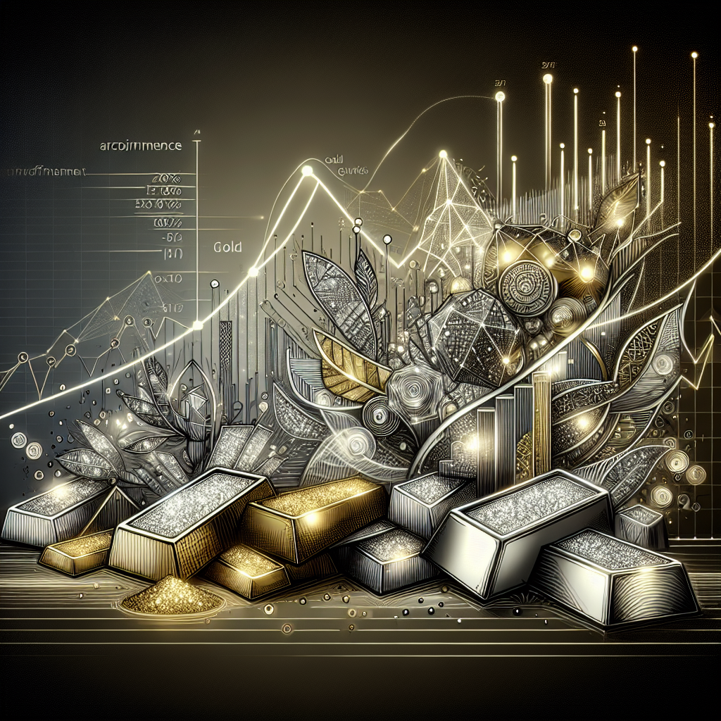 A metallic-themed line art illustration depicting algorithms and data analysis related to precious metals, incorporating graphs, charts, and precious metal elements like gold and silver ingots.