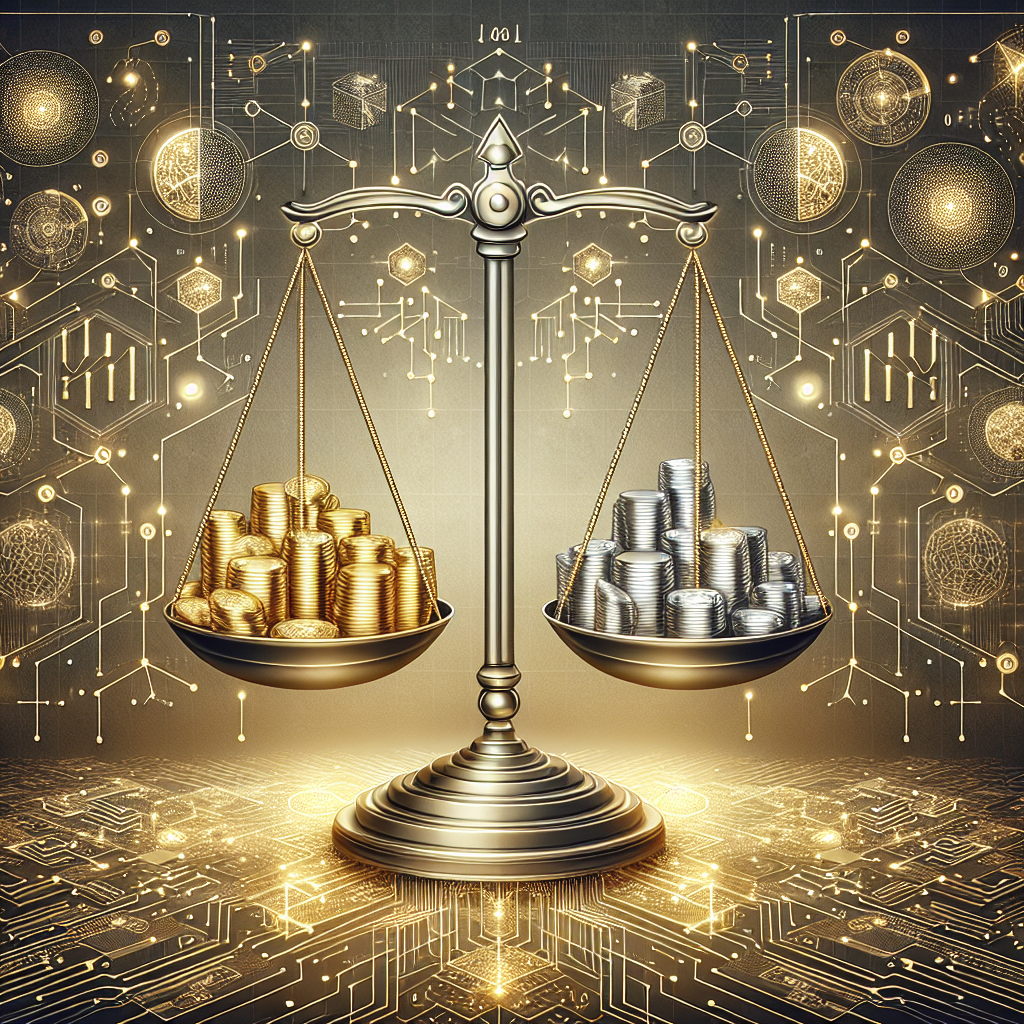 A metallic-themed line art illustration depicting a balanced scale weighing gold and silver coins, surrounded by intricate designs of algorithmic patterns and graphs to represent diversified trading strategies.