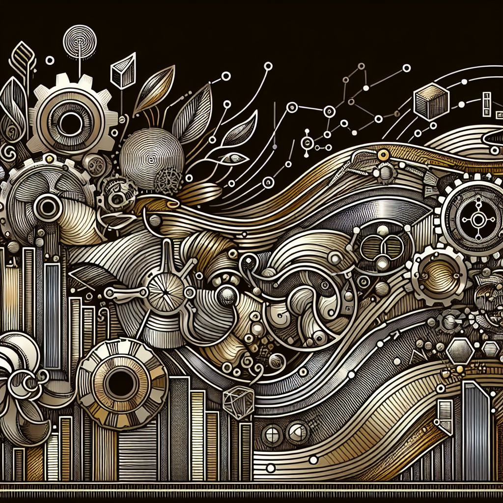 A metallic-themed line art illustration representing diversified algorithms for metals trading, featuring abstract elements like gears, graphs, and elements of different metals like gold, silver, and copper intertwined with algorithmic symbols.