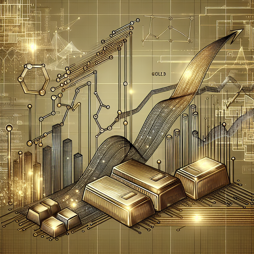 A metallic-themed line art illustration depicting the concept of a high-performance automated trading strategy for gold, featuring trading charts, algorithms, and gold bars integrated into a visually appealing composition.