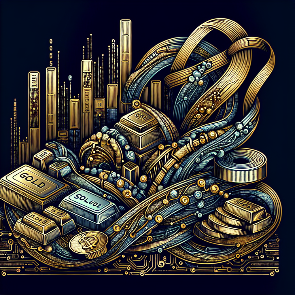 An intricate metallic-themed line art illustration depicting the influence of ETFs on gold and silver prices, featuring a blend of bar graphs, precious metal symbols, and algorithmic trading elements.