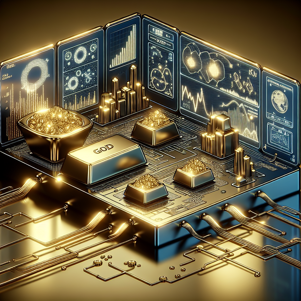 A metallic-themed line art illustration depicting a futuristic algorithmic trading setup with gold bars, computer screens showcasing fluctuating charts, and abstract representations of complex algorithms in a sleek, high-tech environment.