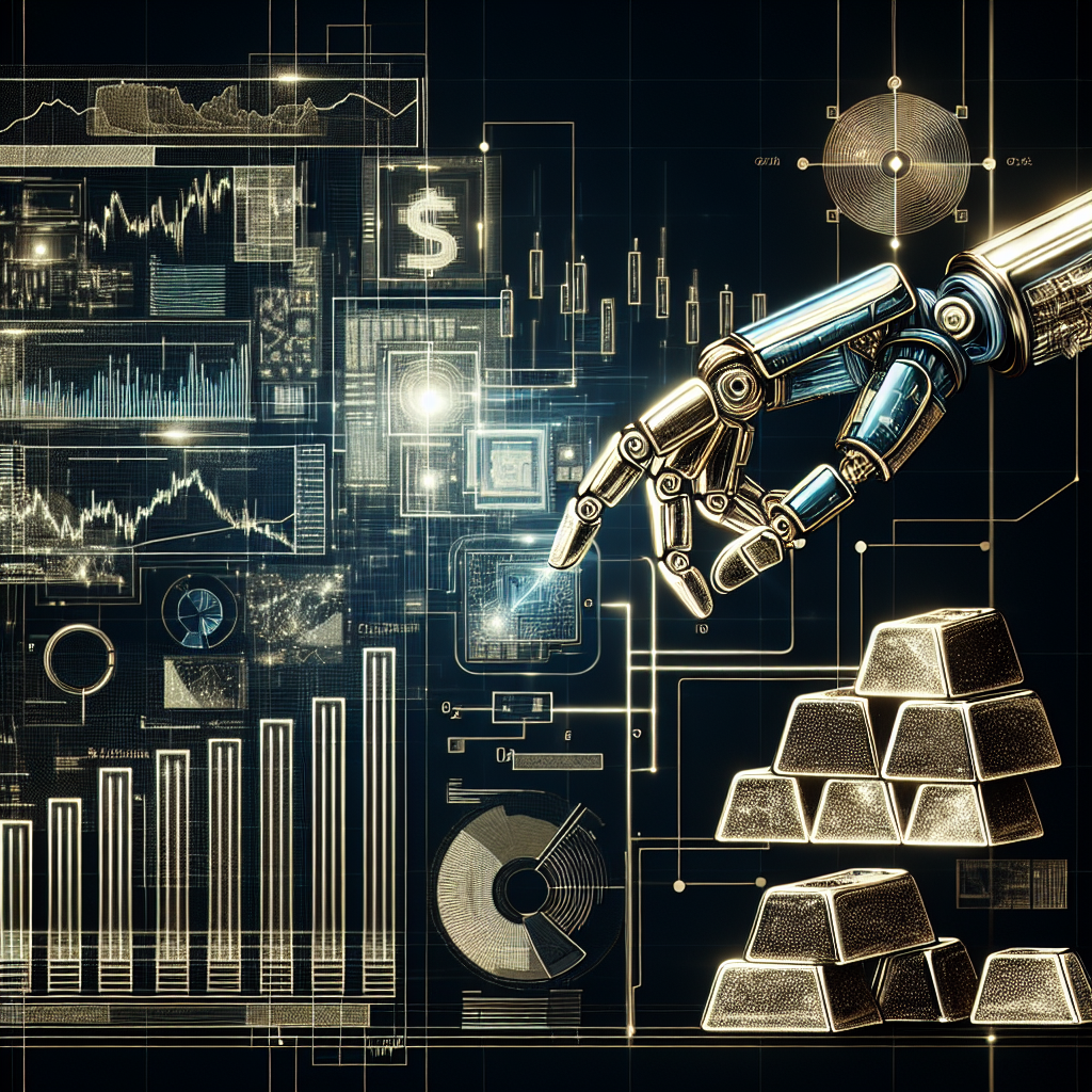 An intricate metallic-themed line art illustration depicting the concept of automated trading strategies for gold, featuring gold bars, stock market graphs, and a robotic arm analyzing data.