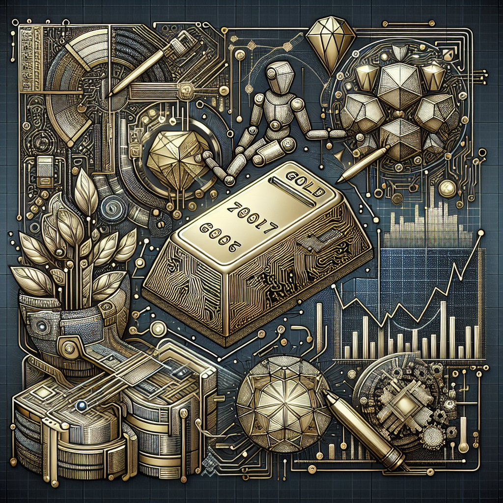 A sophisticated metallic-themed line art illustration showcasing the integration of machine learning algorithms in automated gold trading, featuring elements like a stylized gold bar, a circuit board, financial graphs, and a robot analyzing market data.