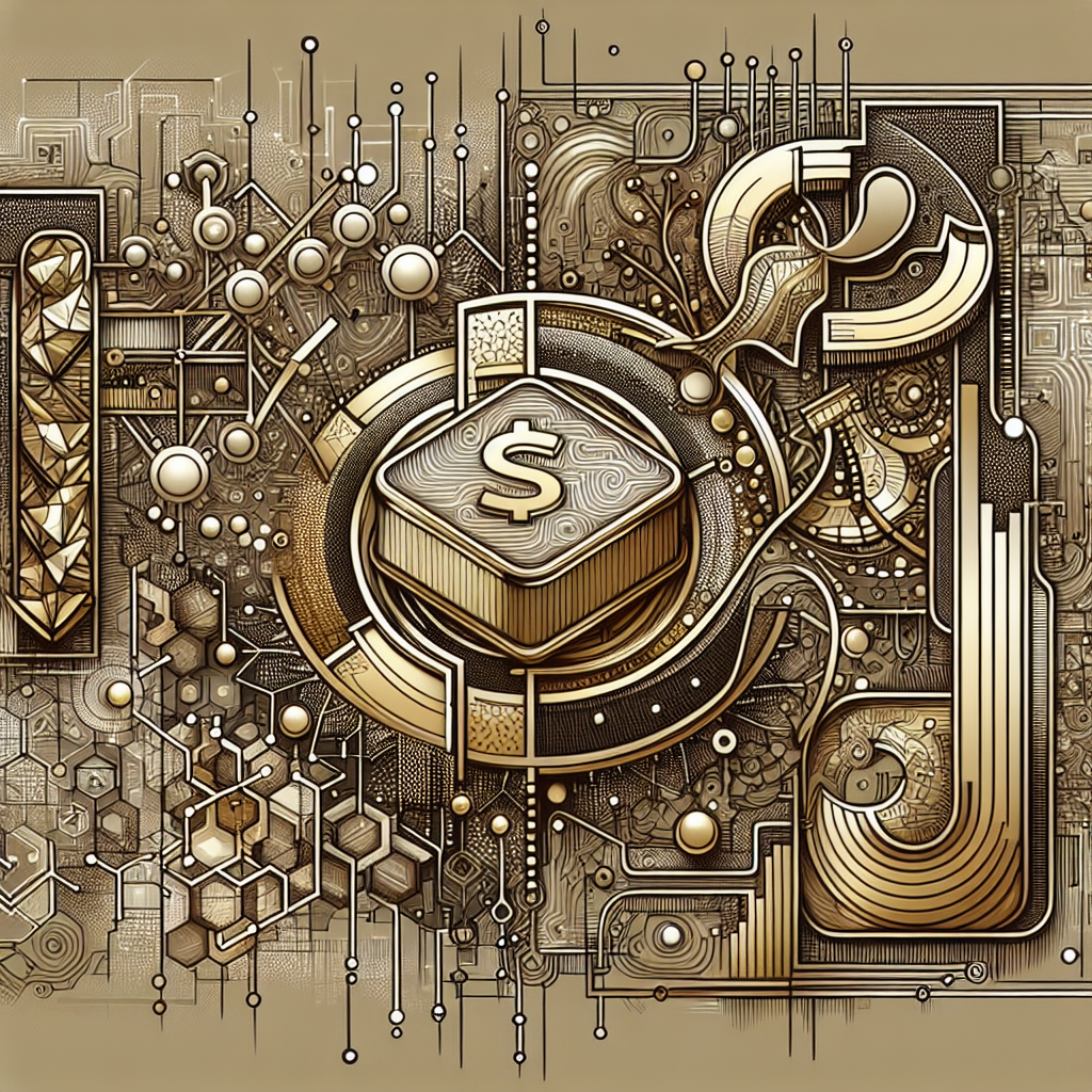 A metallic-themed line art illustration depicting gold trading algorithms enhanced by machine learning techniques. The design includes intricate geometric shapes representing data analysis, graphs showing trends, and symbols of artificial intelligence, all intertwined with stylized gold elements.