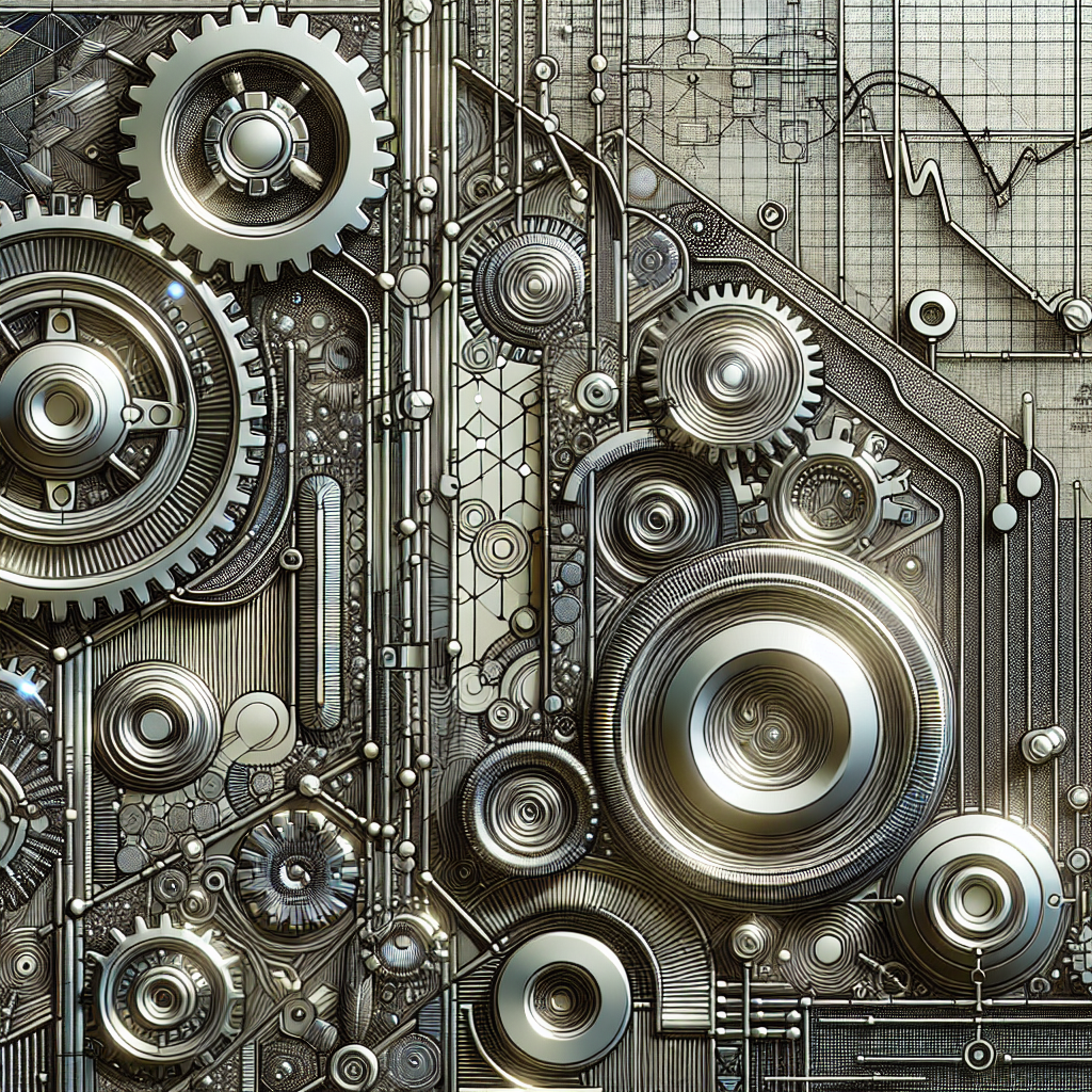 A detailed metallic-themed line art illustration depicting an abstract representation of algorithmic performance metrics in metals trading, featuring gears, graphs, and trading symbols intertwined with metallic textures.