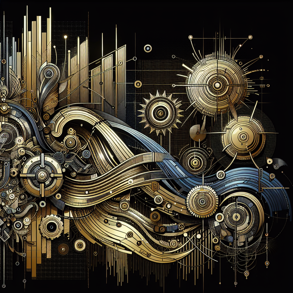 A detailed metallic-themed line art illustration depicting various performance optimization techniques for gold and silver trading algorithms, featuring graphs, gears, and digital elements intertwined with gold and silver motifs.