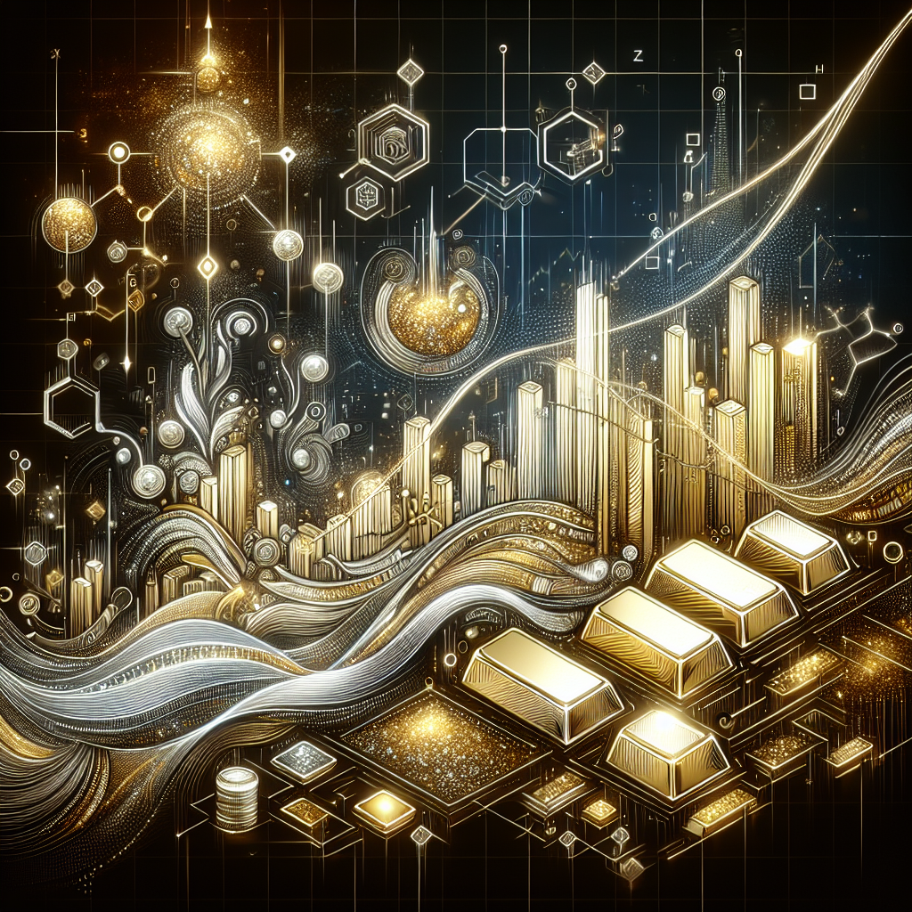 A sleek, metallic-themed line art illustration depicting the intricacies of algorithmic swing trading in precious metals, featuring abstract representations of charts, gold and silver bars, and algorithm elements intertwined.