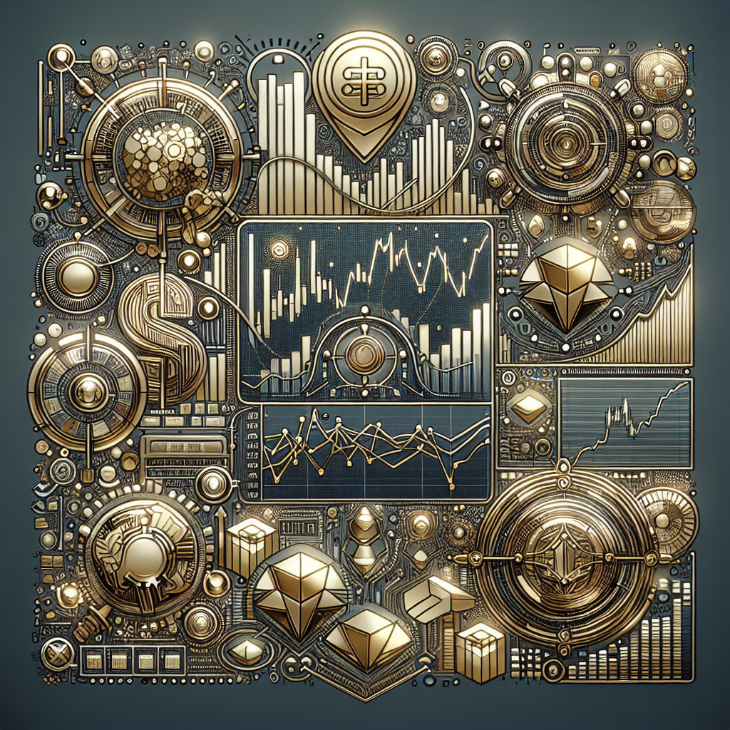 A detailed metallic-themed line art illustration depicting the concepts of algorithmic swing trading in precious metals, featuring charts, algorithms, and precious metal symbols intertwined in a sophisticated design.