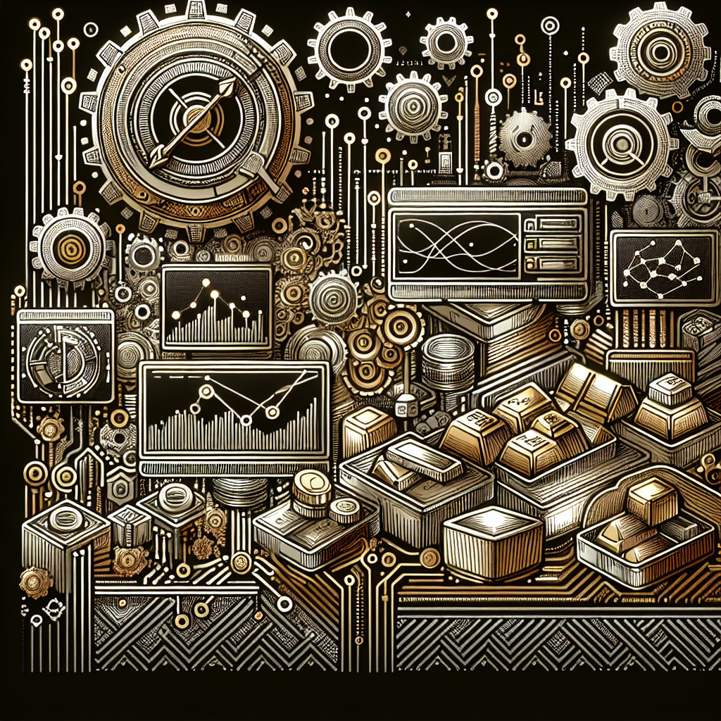 A futuristic representation of algorithmic trading in metals markets, featuring intricate metallic-themed line art with elements like gears, computer screens, and metal commodities.