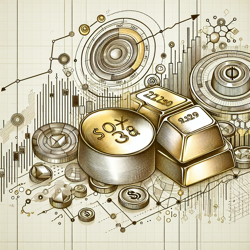 A metallic-themed line art illustration showcasing the relationship between ETFs and precious metals prices, featuring intricate designs of gold, silver, and platinum bars, alongside graphical elements representing market trends and financial data.