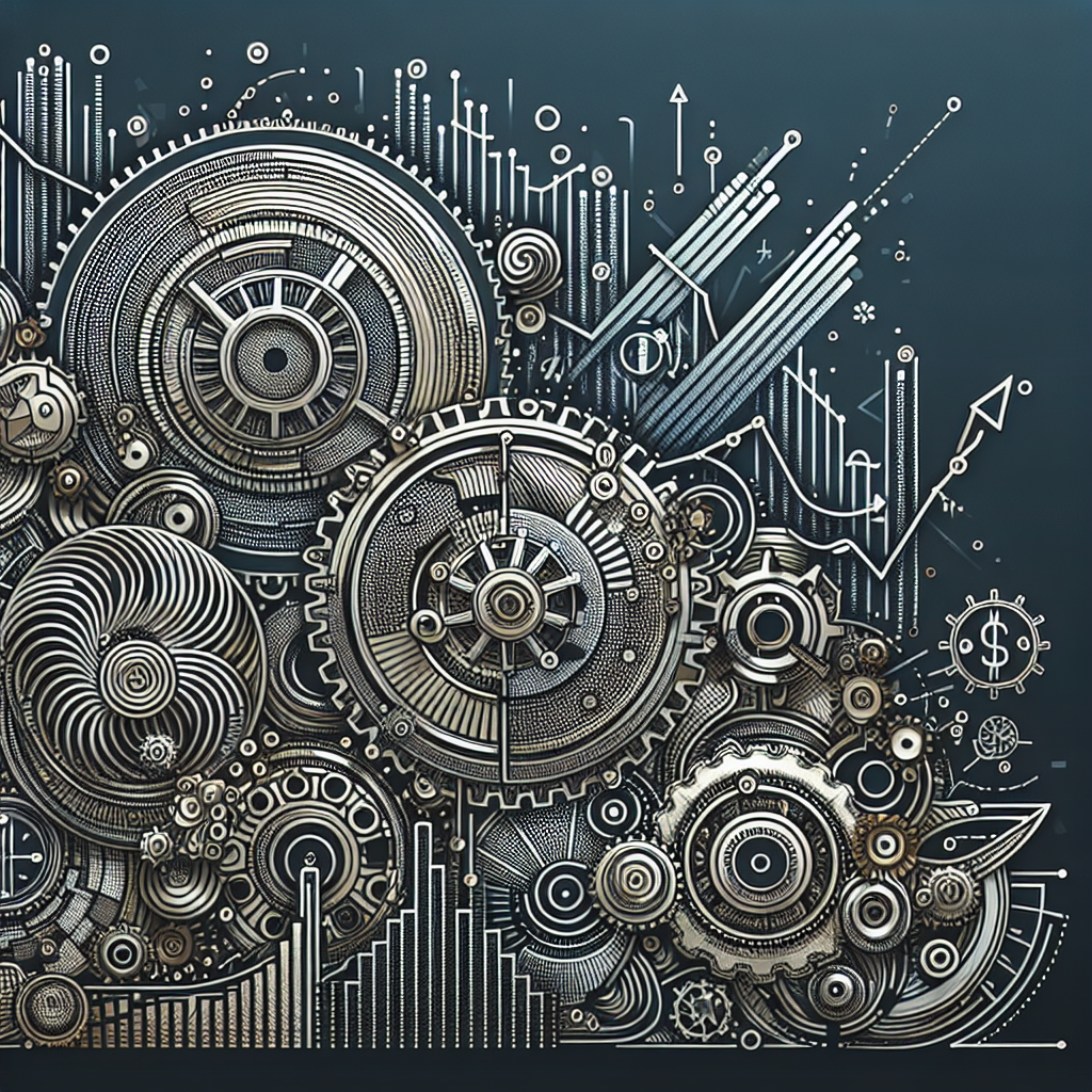 A metallic-themed line art illustration representing metals trading algorithms, showcasing gears, graphs, and abstract financial symbols, with a futuristic edge.