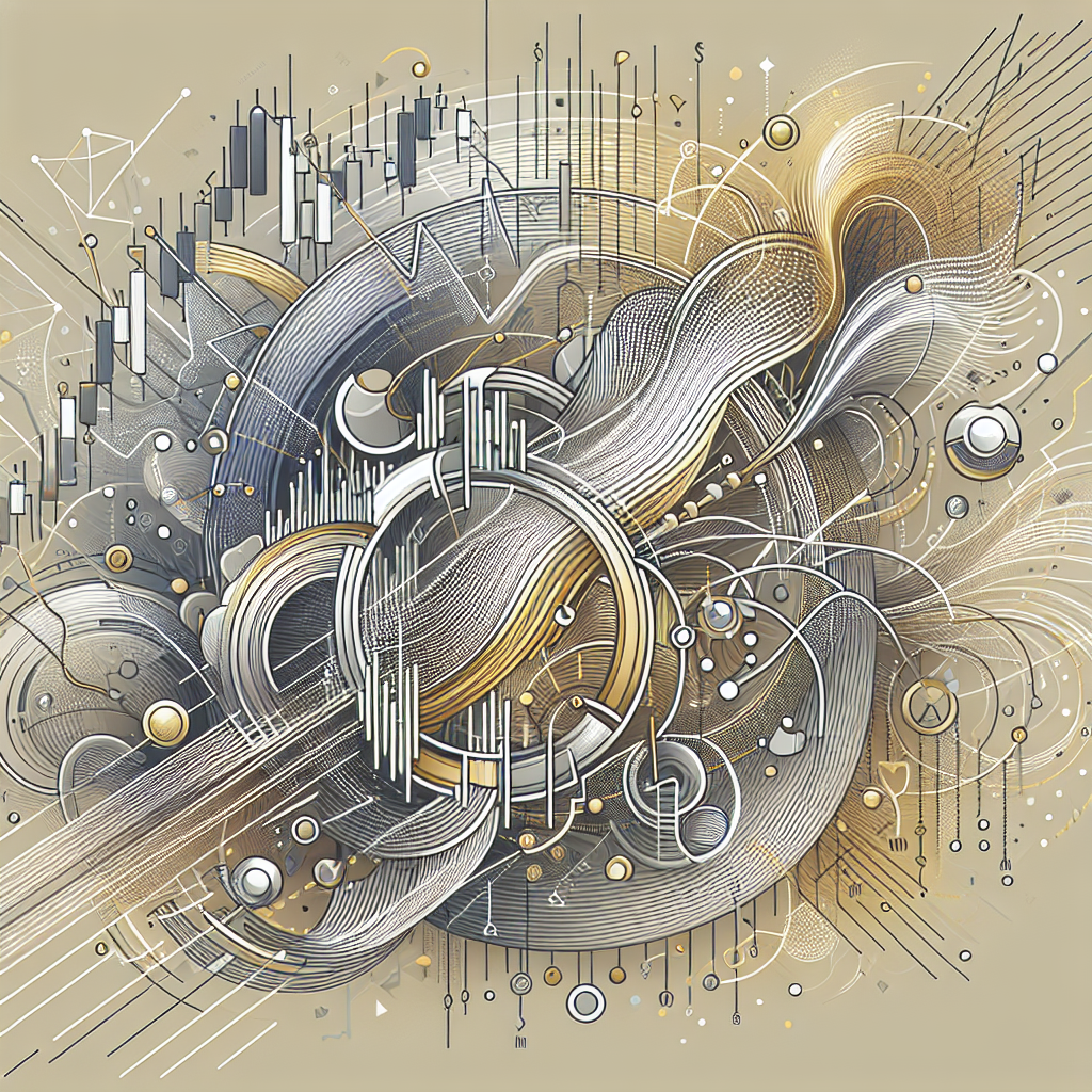 A vibrant and intricate metallic-themed line art illustration depicting the concept of momentum trading in precious metals, showcasing algorithms, price trends, and visual representations of gold, silver, and platinum.