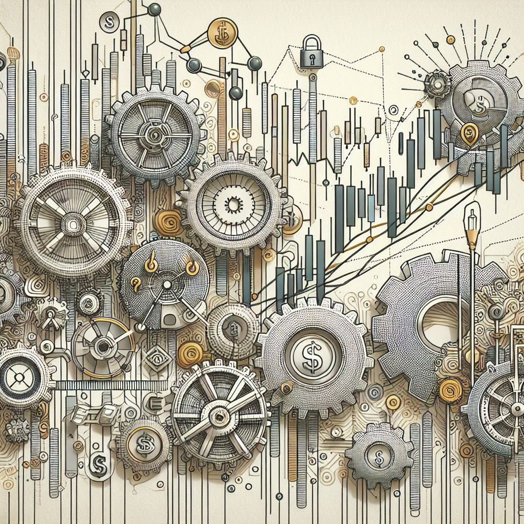 A metallic-themed line art illustration depicting various risk management techniques in automated metals trading, featuring gears, charts, and symbols of protection like shields and locks intertwined with metallic elements.